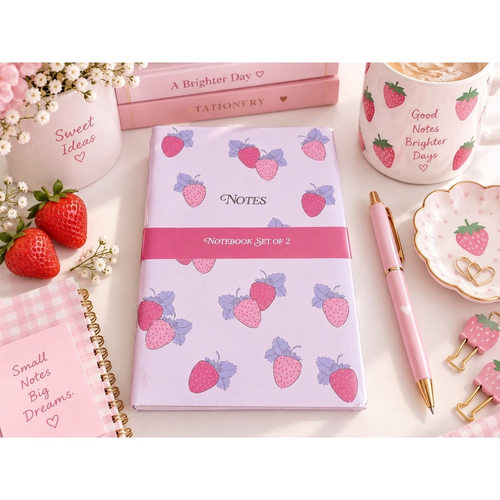 Lady Jayne Strawberry and Gingham Notebook Set of 2 Pink Lavender Journals NEW